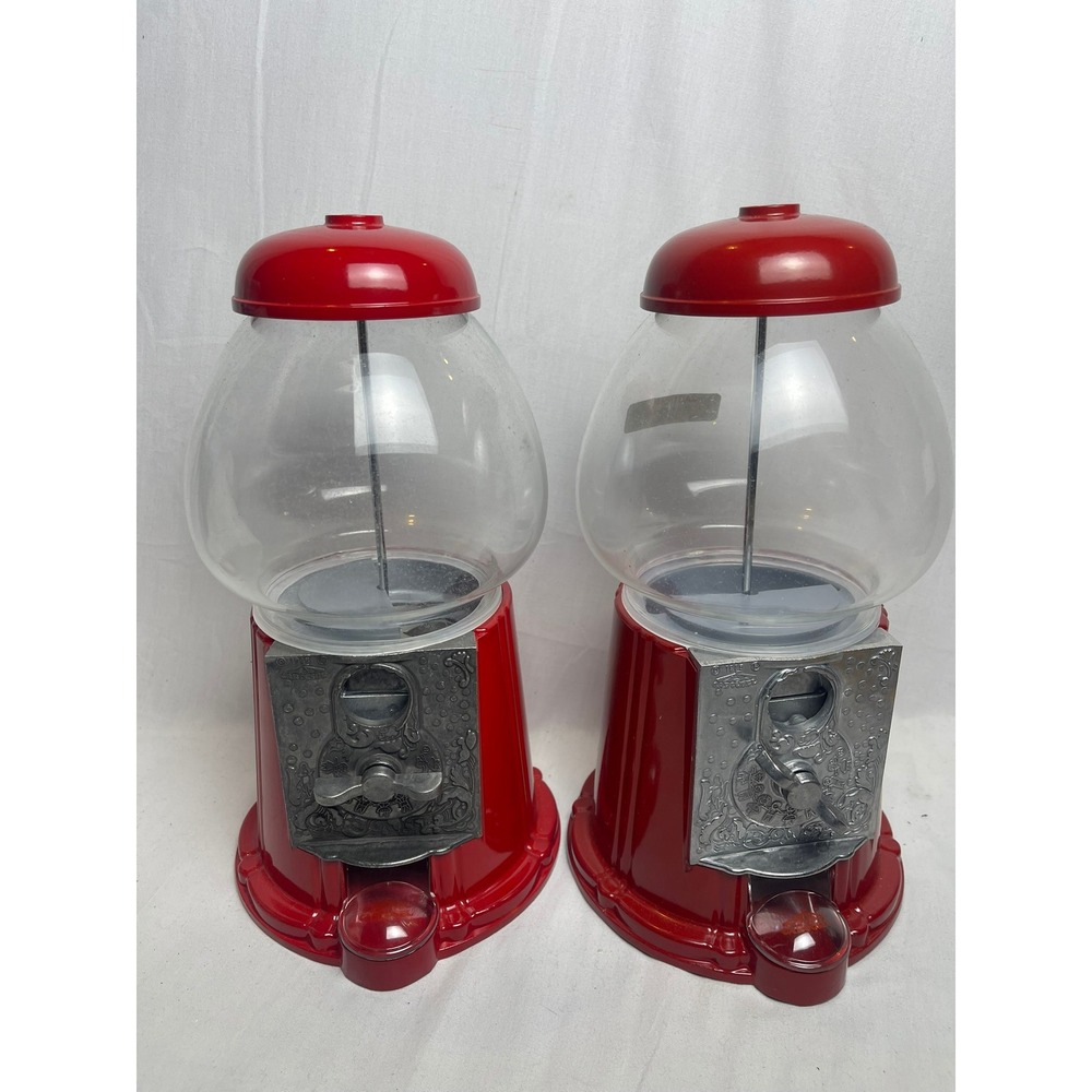 Vintage Carousel Junior Gumball Machines Set of 2 Red Metal Glass 1985 9 Inch